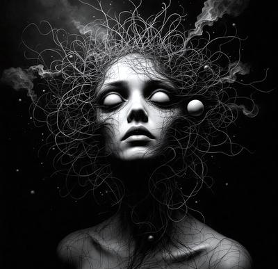 The primary subject of the image is a woman with a unique and intricate hairstyle. She has a long, curly, and wavy hair that is adorned with a variety of beads and decorations. The setting is a dark, moody environment, which adds to the overall atmosphere of the image. The visual style is a combination of digital art and illustration, creating a striking and artistic representation of the woman's hairstyle. The colors used in the image are predominantly dark and muted,